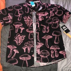 A black with pink mushroom button up